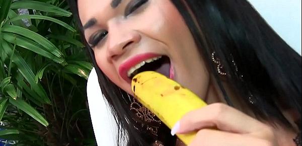  Sensual Tgirl Erika Lee Masturbates with a Banana and Sticks a Dildo Up Her Ass
